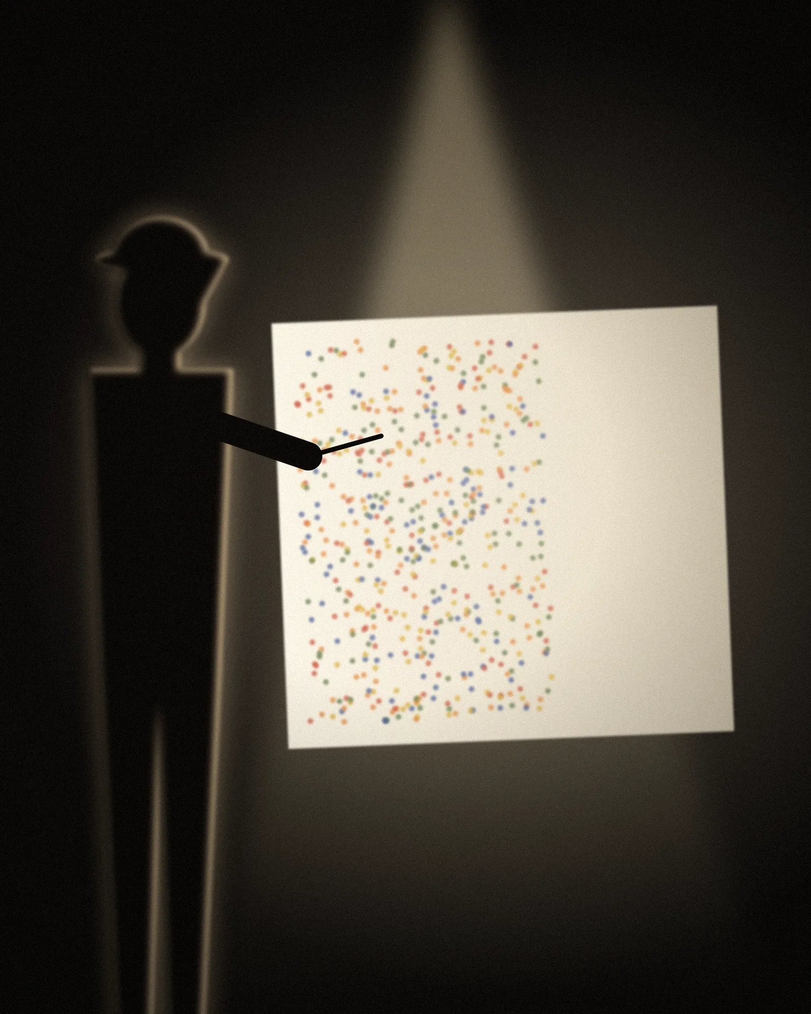 Un pintor a contraluz frente a un gran lienzo iluminado salpicado de puntos de color.